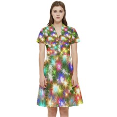 Star Colorful Christmas Abstract Short Sleeve Waist Detail Dress