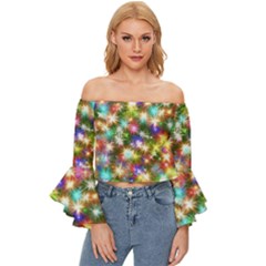 Star Colorful Christmas Abstract Off Shoulder Flutter Bell Sleeve Top