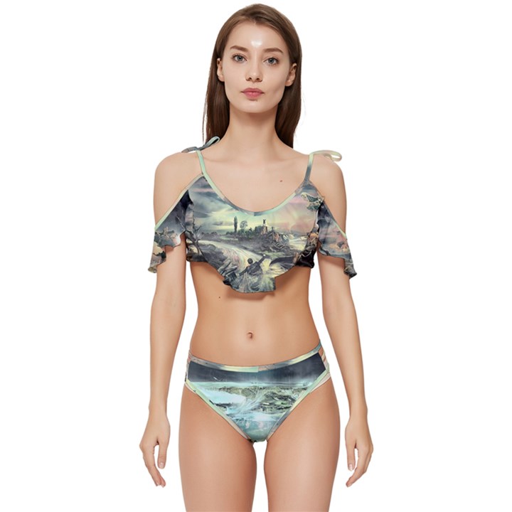 Psychedelic Art Ruffle Edge Tie Up Bikini Set	