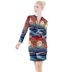 Winter Wonderland Landscape Nature Button Long Sleeve Dress by Bedest