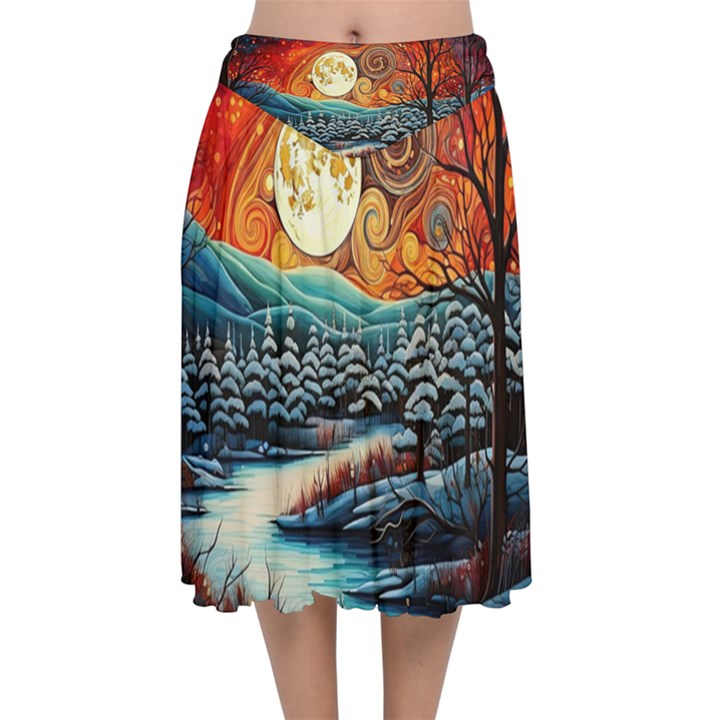 Winter Wonderland Landscape Nature Velvet Flared Midi Skirt