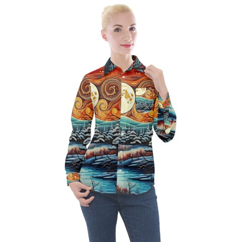 Winter Wonderland Landscape Nature Women s Long Sleeve Pocket Shirt by Bedest