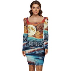 Winter Wonderland Landscape Nature Women Long Sleeve Ruched Stretch Jersey Dress by Bedest