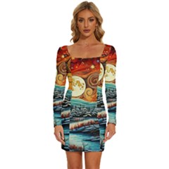 Winter Wonderland Landscape Nature Long Sleeve Square Neck Bodycon Velvet Dress by Bedest