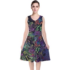 Psychodelic Absract V-neck Midi Sleeveless Dress  by Bedest