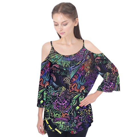 Psychodelic Absract Flutter Sleeve T-shirt  by Bedest