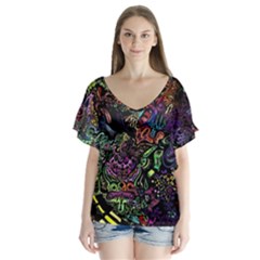 Psychodelic Absract V-neck Flutter Sleeve Top by Bedest