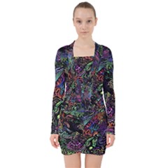 Psychodelic Absract V-neck Bodycon Long Sleeve Dress by Bedest