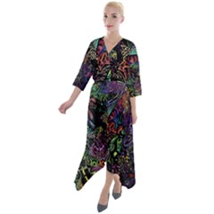 Psychodelic Absract Quarter Sleeve Wrap Front Maxi Dress