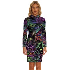 Psychodelic Absract Long Sleeve Shirt Collar Bodycon Dress by Bedest