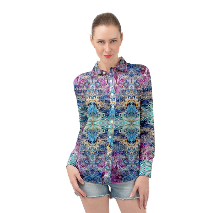 Magenta on cobalt arabesque Long Sleeve Chiffon Shirt