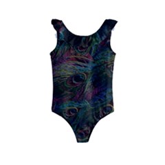 Peacock Feather Paradise Kids  Frill Swimsuit by Cendanart