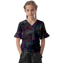 Peacock Feather Paradise Kids  V-neck Horn Sleeve Blouse by Cendanart