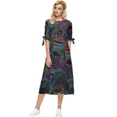 Peacock Feather Paradise Bow Sleeve Chiffon Midi Dress by Cendanart