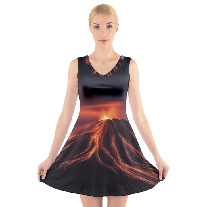 Volcanic Eruption V-Neck Sleeveless Dress