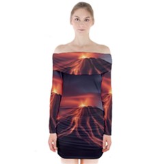 Volcanic Eruption Long Sleeve Off Shoulder Dress by Proyonanggan