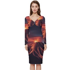 Volcanic Eruption Long Sleeve V-neck Bodycon Dress  by Proyonanggan