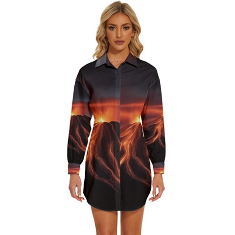 Volcanic Eruption Womens Long Sleeve Shirt Dress by Proyonanggan