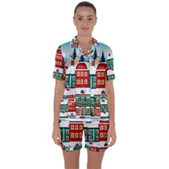 Christmas Background Design House Satin Short Sleeve Pajamas Set by Proyonanggan