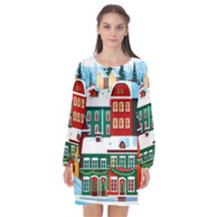 Christmas Background Design House Long Sleeve Chiffon Shift Dress 