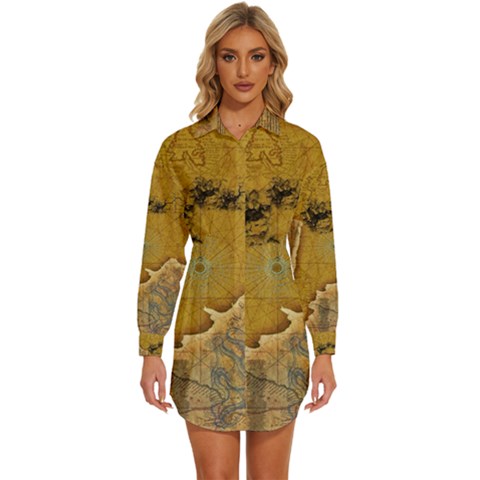 Vintage Map Of The World Continent Womens Long Sleeve Shirt Dress by Proyonanggan