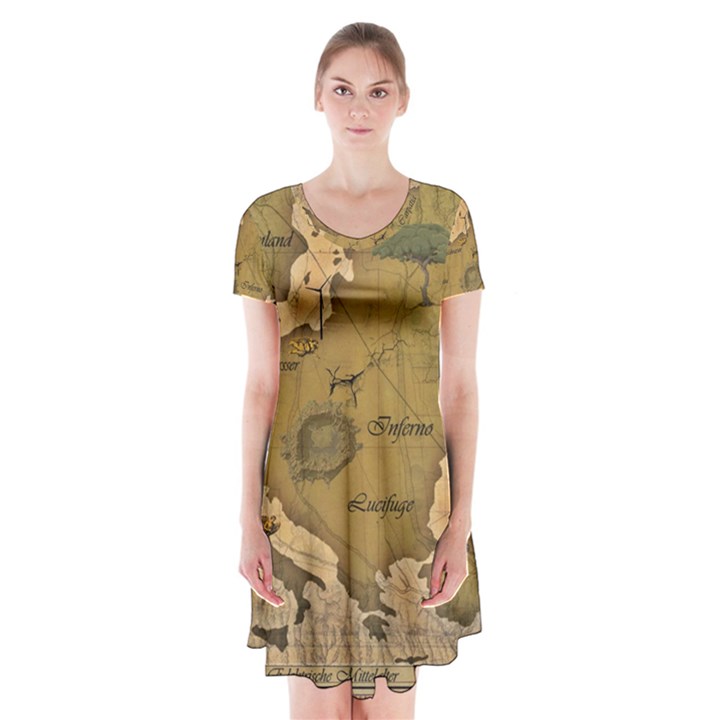 Map Geography Travel Global Short Sleeve V-neck Flare Dress