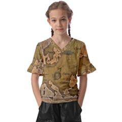 Map Geography Travel Global Kids  V-neck Horn Sleeve Blouse by Proyonanggan