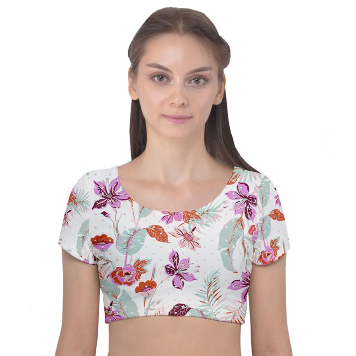 flawer Velvet Short Sleeve Crop Top 