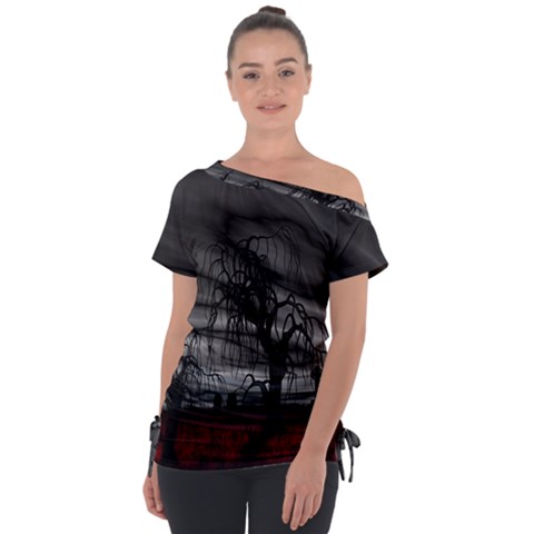 Grave Yard Dark Fantasy Trees Off Shoulder Tie-up T-shirt by Cemarart