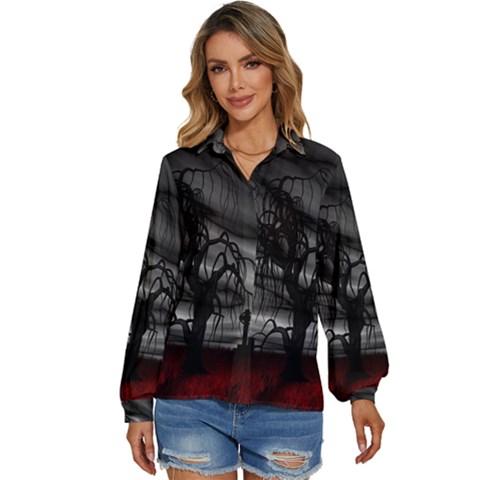 Grave Yard Dark Fantasy Trees Women s Long Sleeve Button Up Shirt by Cemarart