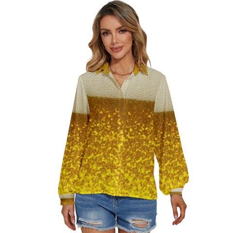 Light Beer Texture Foam Drink In A Glass Women s Long Sleeve Button Up Shirt by Cemarart