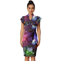 Graffiti Corazones Kingdom Saga Super Vintage Frill Sleeve V-neck Bodycon Dress by Cemarart