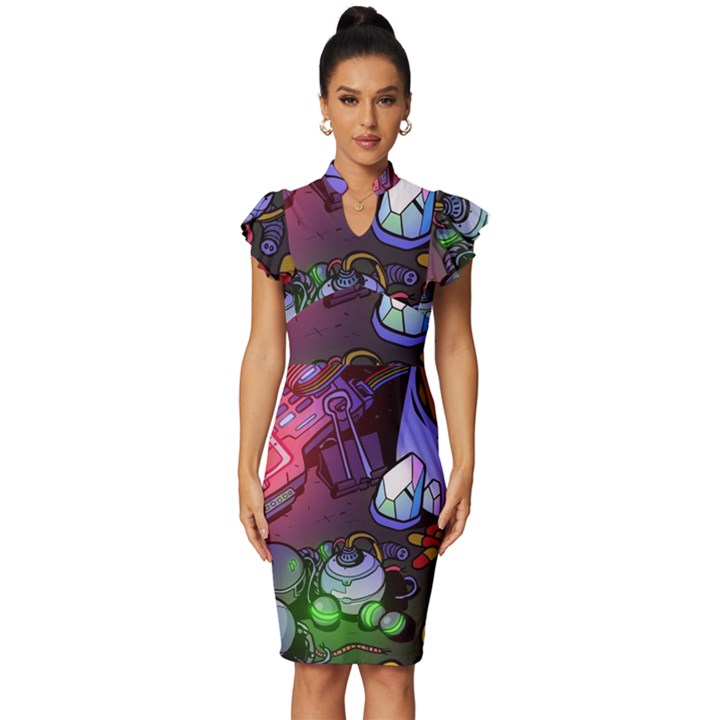 Graffiti Corazones Kingdom Saga Super Vintage Frill Sleeve V-Neck Bodycon Dress