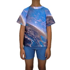 Earth Blue Galaxy Sky Space Kids  Short Sleeve Swimwear by Cemarart