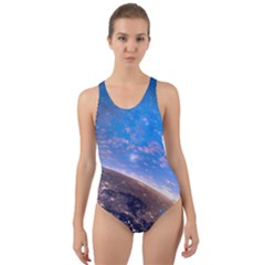 Earth Blue Galaxy Sky Space Cut-out Back One Piece Swimsuit by Cemarart