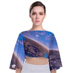 Earth Blue Galaxy Sky Space Tie Back Butterfly Sleeve Chiffon Top by Cemarart