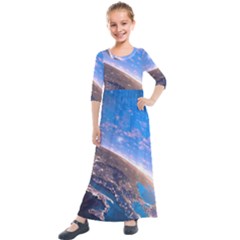 Earth Blue Galaxy Sky Space Kids  Quarter Sleeve Maxi Dress by Cemarart