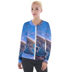 Earth Blue Galaxy Sky Space Velvet Zip Up Jacket by Cemarart