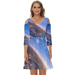 Earth Blue Galaxy Sky Space Shoulder Cut Out Zip Up Dress by Cemarart