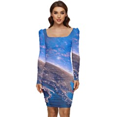 Earth Blue Galaxy Sky Space Women Long Sleeve Ruched Stretch Jersey Dress by Cemarart