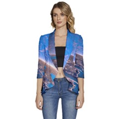 Earth Blue Galaxy Sky Space Women s 3/4 Sleeve Ruffle Edge Open Front Jacket by Cemarart