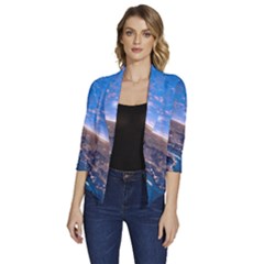 Earth Blue Galaxy Sky Space Women s Draped Front 3/4 Sleeve Shawl Collar Jacket by Cemarart