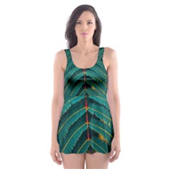 Dark Green Leaves Leaf Skater Dress Swimsuit by Cemarart