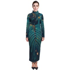 Dark Green Leaves Leaf Turtleneck Maxi Dress by Cemarart