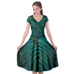 Dark Green Leaves Leaf Cap Sleeve Wrap Front Dress by Cemarart