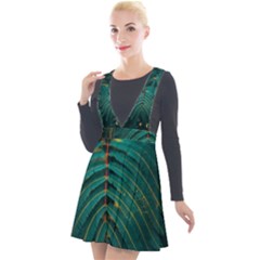 Dark Green Leaves Leaf Plunge Pinafore Velour Dress by Cemarart