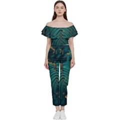 Dark Green Leaves Leaf Bardot Ruffle Jumpsuit by Cemarart