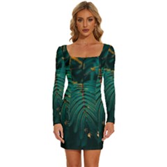 Dark Green Leaves Leaf Long Sleeve Square Neck Bodycon Velvet Dress by Cemarart