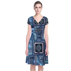 Circuit Board Motherboard Short Sleeve Front Wrap Dress by Cemarart