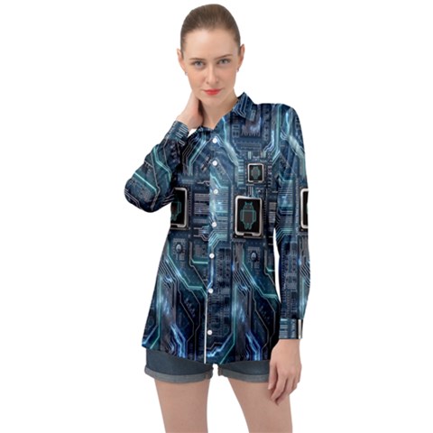 Circuit Board Motherboard Long Sleeve Satin Shirt by Cemarart